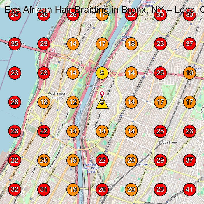 Eve African Hair Braiding in Bronx, NY GeoGrid visibility map for Hair Replacement Service in 2208B Amsterdam Ave